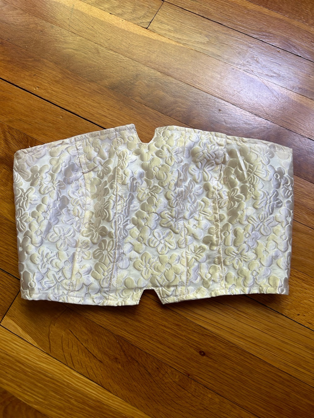 Keuu Ivory Satin Bandeau Top with Floral Jacquard